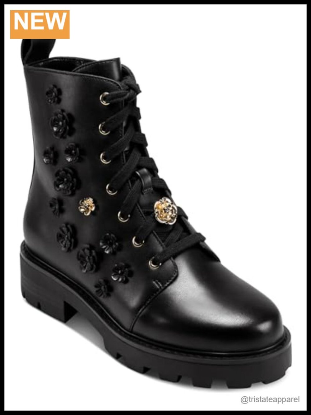Mela Fleur Combat Boot with Flower Embellishments Lace Up Platform Ankle Boot